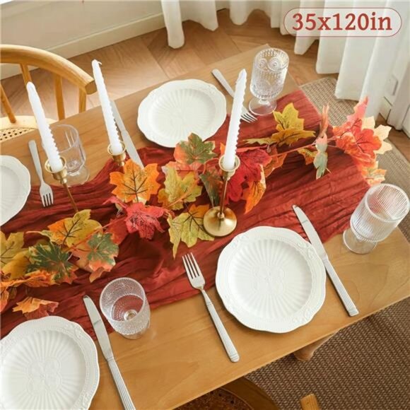 Fall Table Runner, 10FT Thanksgiving Cheesecloth Table Runner 35*120inch - Picture 6 of 7